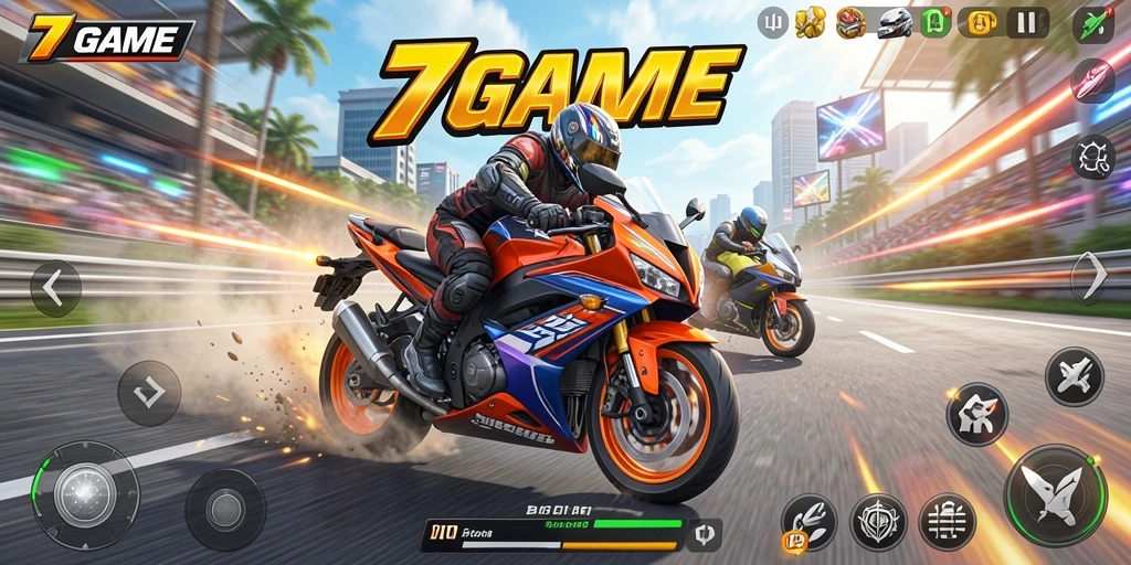 Tampilan gameplay 7GAME saat balapan motor yang mendebarkan.