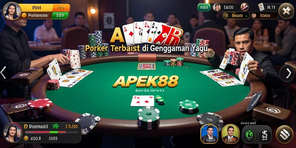 Tampilan gameplay seru dari APEK88 dengan pemain poker yang kompetitif.