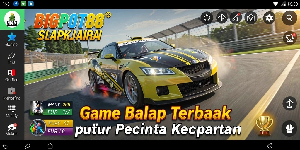 Tampilan permainan balap seru dalam BIGPOT88 dengan mobil yang melaju kencang.