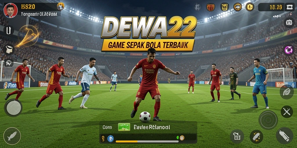 Tampilan seru gameplay DEWA22 dengan aksi sepak bola intens.