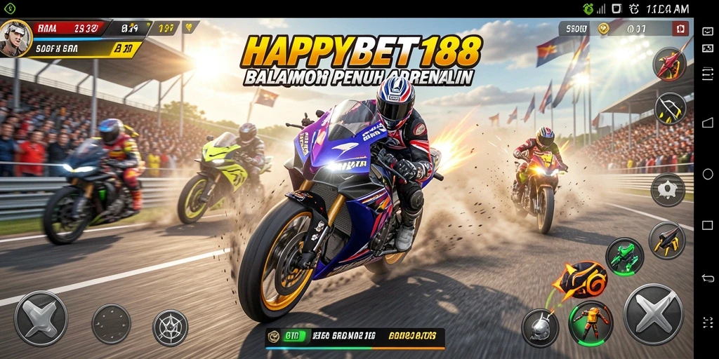 Screenshot gameplay balapan motor yang mendebarkan di HAPPYBET188.