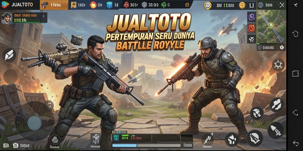 Tangkapan layar utama JUALTOTO menampilkan aksi seru dalam pertempuran Battle Royale.