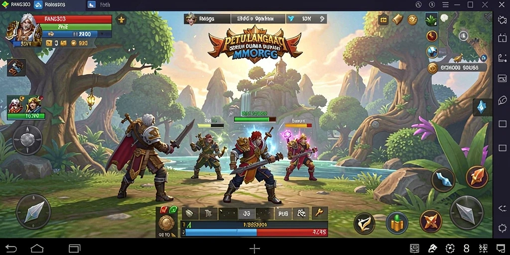 Tangkapan layar gameplay RANS303 yang menunjukkan pertarungan epic dalam MMORPG.