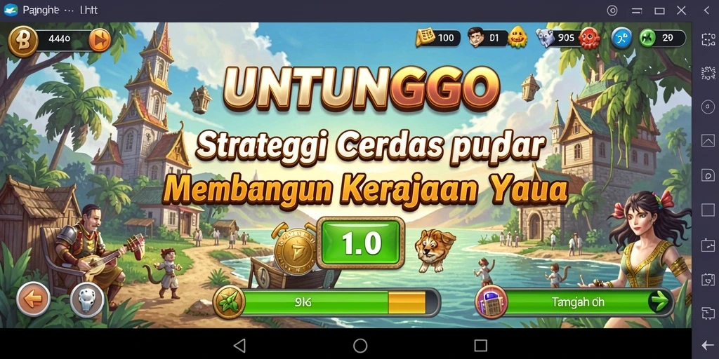 Tangkapan layar dari gameplay UNTUNGGO menampilkan pembangunan kerajaan yang strategis.